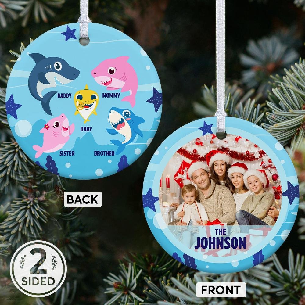 Custom Photo And Text Shark Family Decorative Christmas Circle Ornament 2 Sided