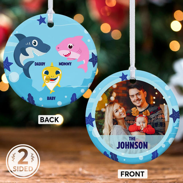 Custom Photo And Text Shark Family Decorative Christmas Circle Ornament 2 Sided