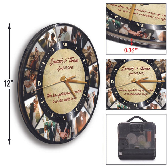 Custom Photo Collage, 12 Photos, Personalized Name And Text, Wall Clock