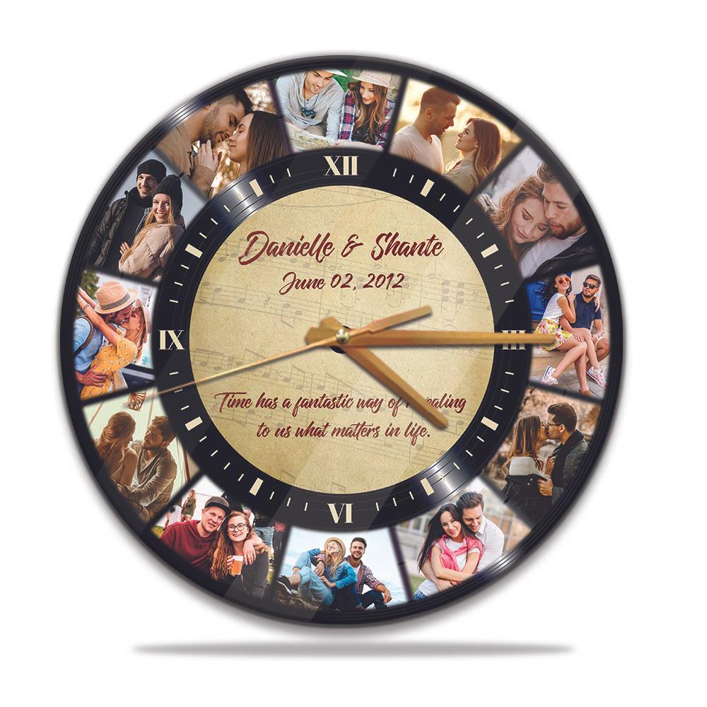 Custom Photo Collage, 12 Photos, Personalized Name And Text, Wall Clock