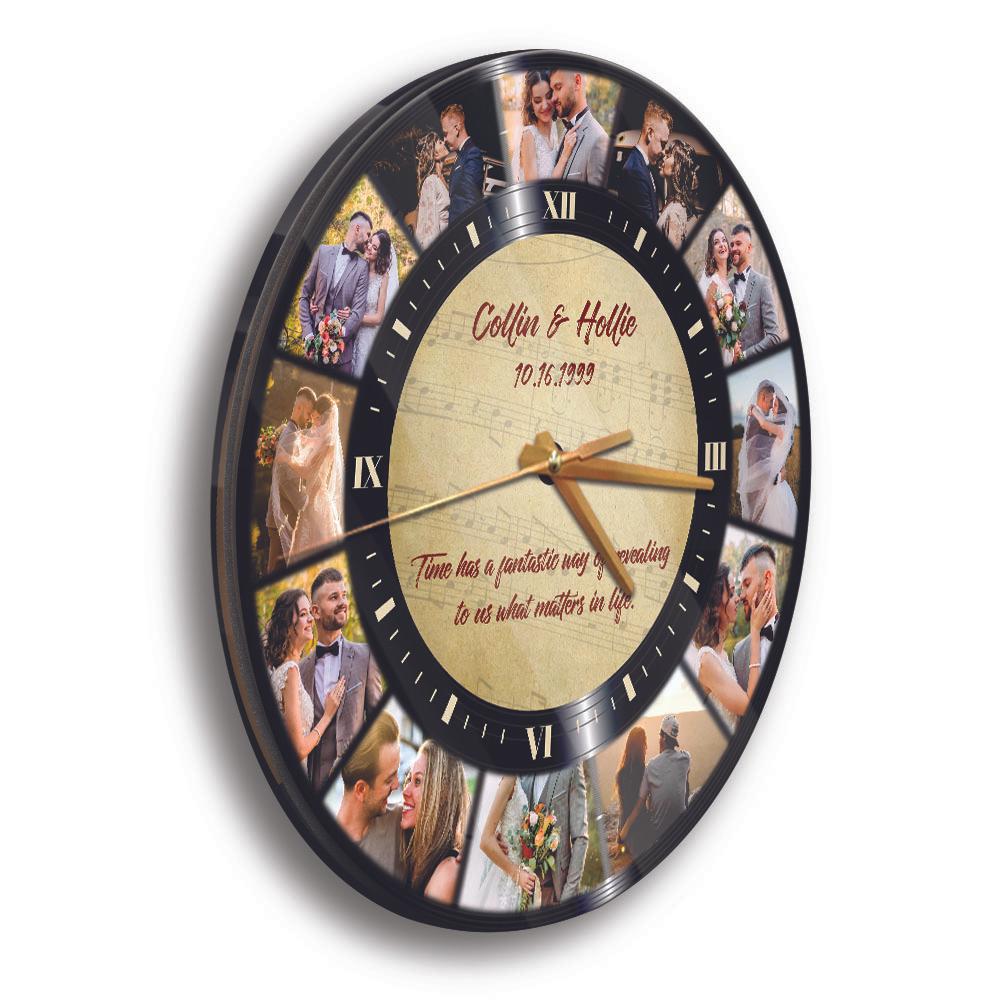 Custom Photo Collage, 12 Photos, Personalized Name And Text, Wall Clock