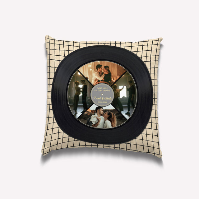 Custom Photo Collage, 4 Photos, Personalized Name And Text, Vinyl Record, Pillow