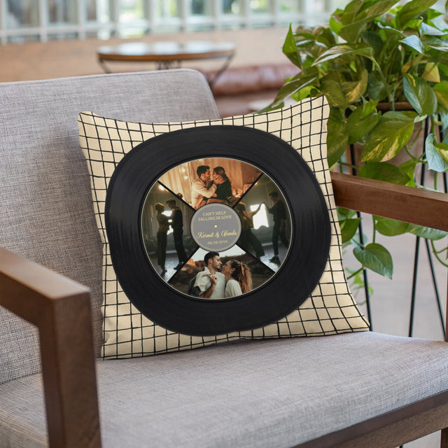 Custom Photo Collage, 4 Photos, Personalized Name And Text, Vinyl Record, Pillow