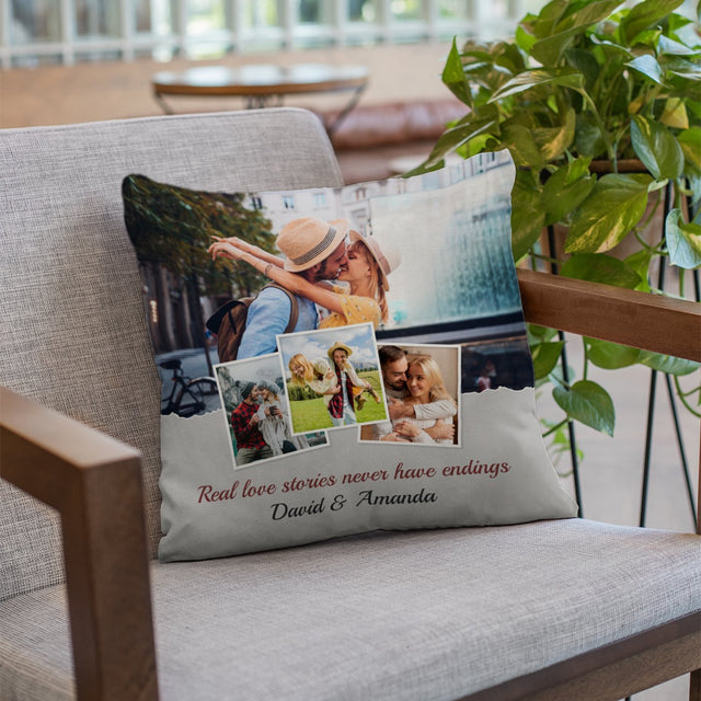 Custom Photo Collage 4 Pictures, Personalized Text Pillow