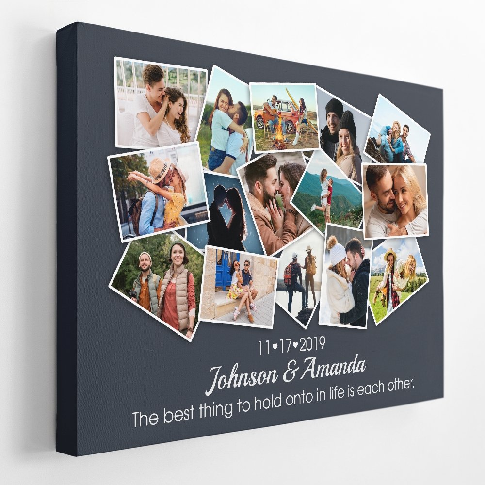 Custom Photo Collage And Text 15 Pictures Navy Background Canvas