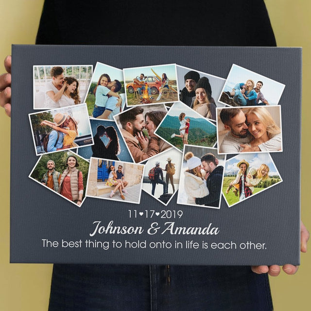 Custom Photo Collage And Text 15 Pictures Navy Background Canvas