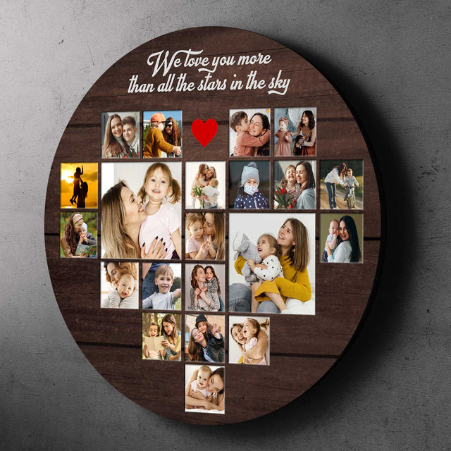 Custom Photo Collage, Heart Shape, Round Wood Sign