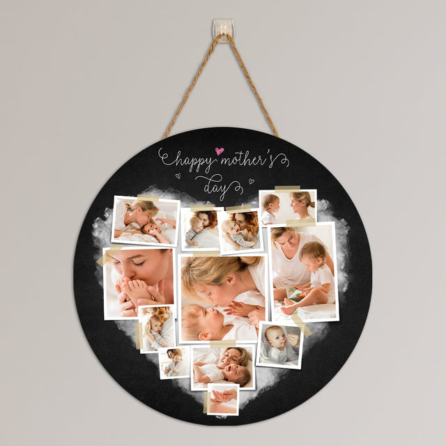 Custom Photo Collage, Heart Shape, Round Wood Sign