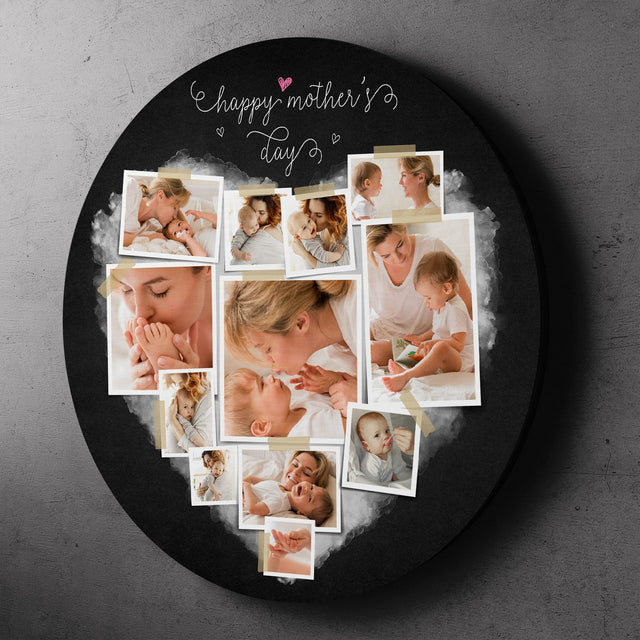 Custom Photo Collage, Heart Shape, Round Wood Sign