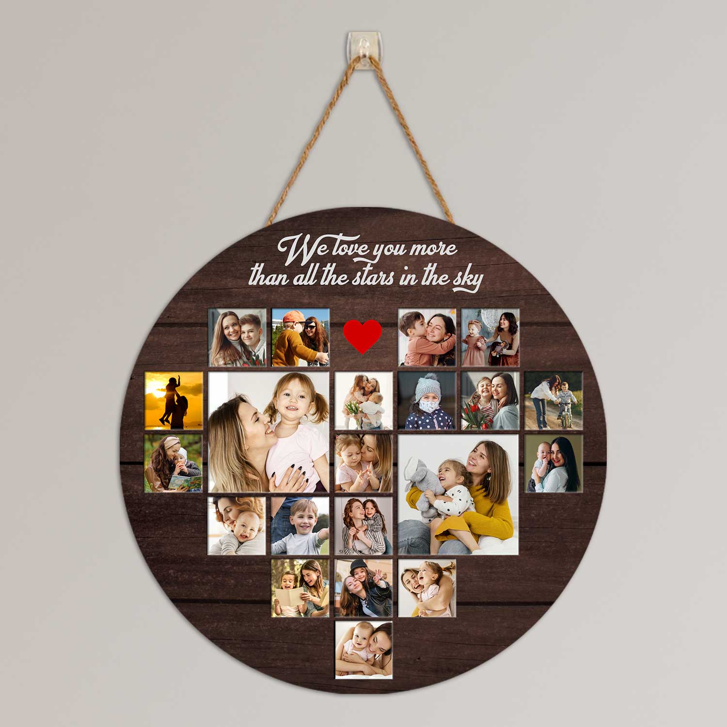 Custom Photo Collage, Heart Shape, Round Wood Sign