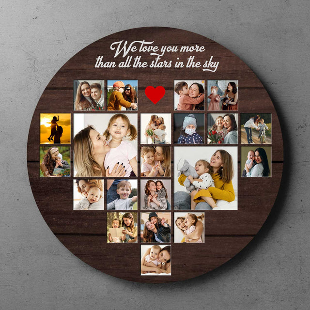 Custom Photo Collage, Heart Shape, Round Wood Sign
