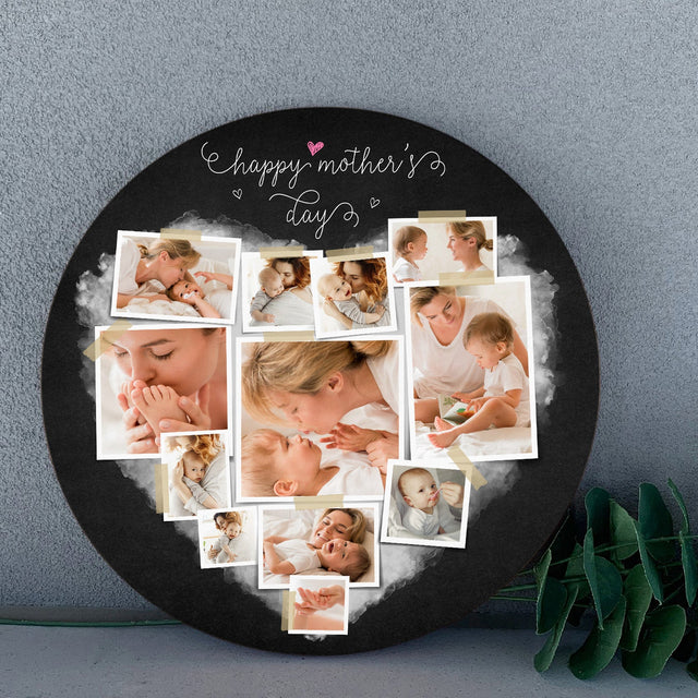 Custom Photo Collage, Heart Shape, Round Wood Sign