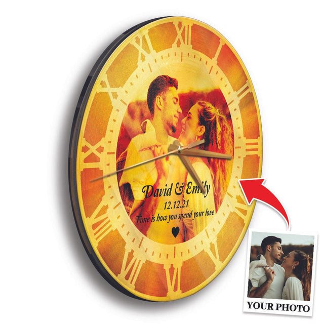 Custom Photo Collage, Upload Photos, Sunset Style, Personalized Name And Text, Wall Clock