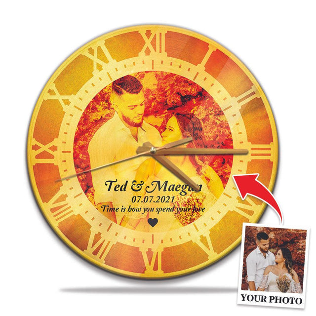 Custom Photo Collage, Upload Photos, Sunset Style, Personalized Name And Text, Wall Clock