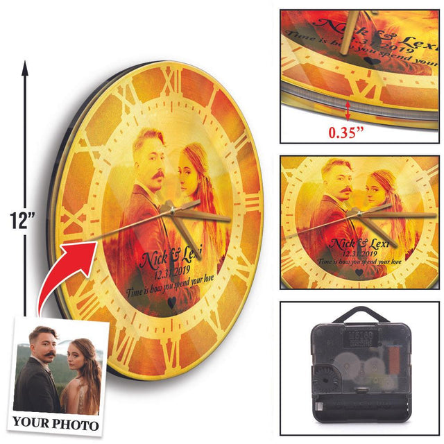 Custom Photo Collage, Upload Photos, Sunset Style, Personalized Name And Text, Wall Clock