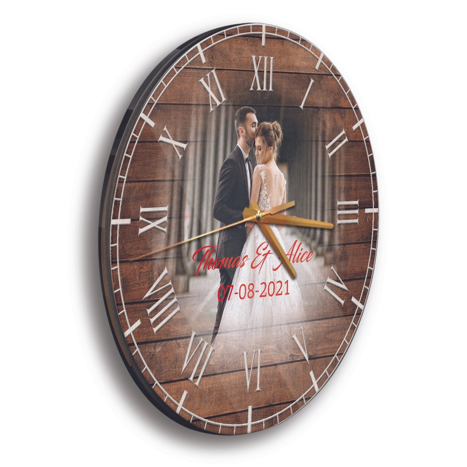 Custom Photo, Personalized Name, Date, Wood Background, Wall Clock