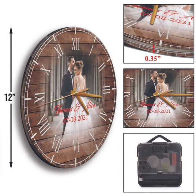 Custom Photo, Personalized Name, Date, Wood Background, Wall Clock