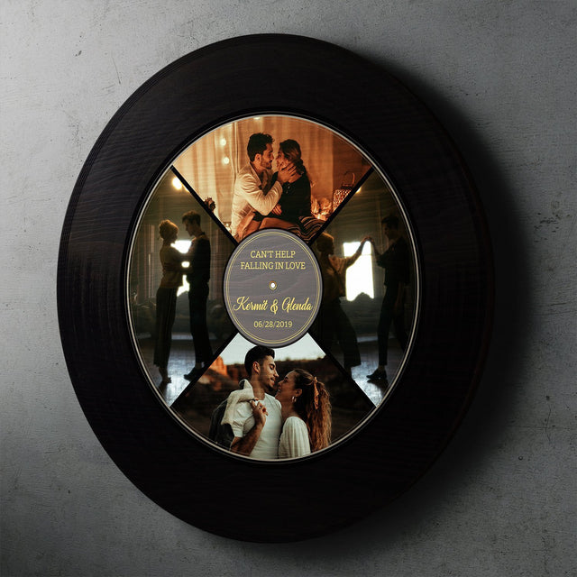 Custom Photo Vinyl Record, Personalized Name And Text, 4 Photos, Round Wood Sign