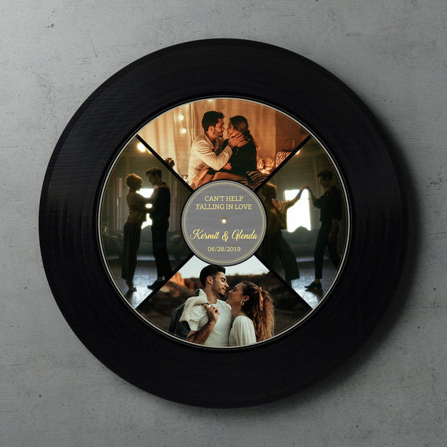 Custom Photo Vinyl Record, Personalized Name And Text, 4 Photos, Round Wood Sign