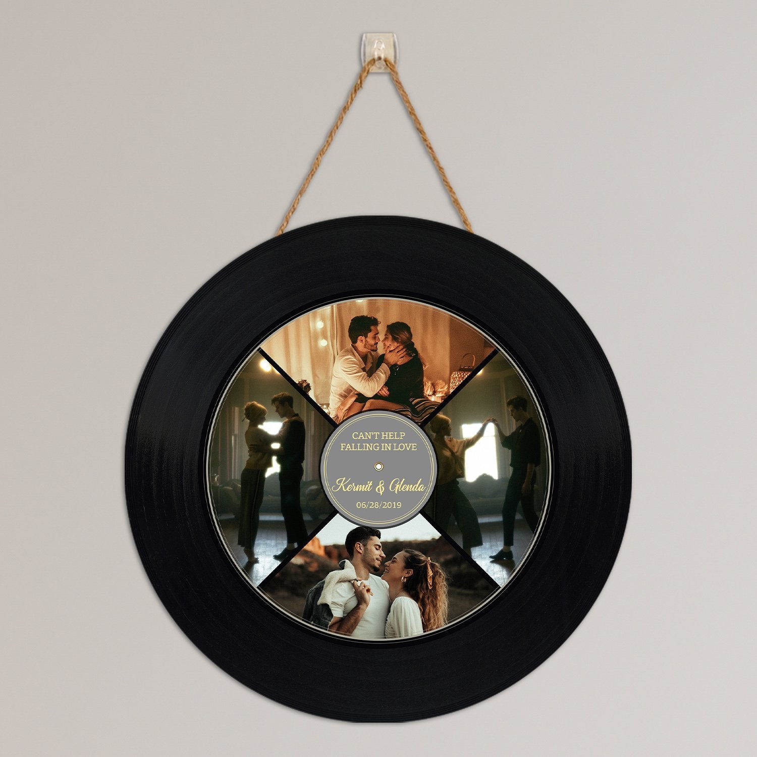 Custom Photo Vinyl Record, Personalized Name And Text, 4 Photos, Round Wood Sign