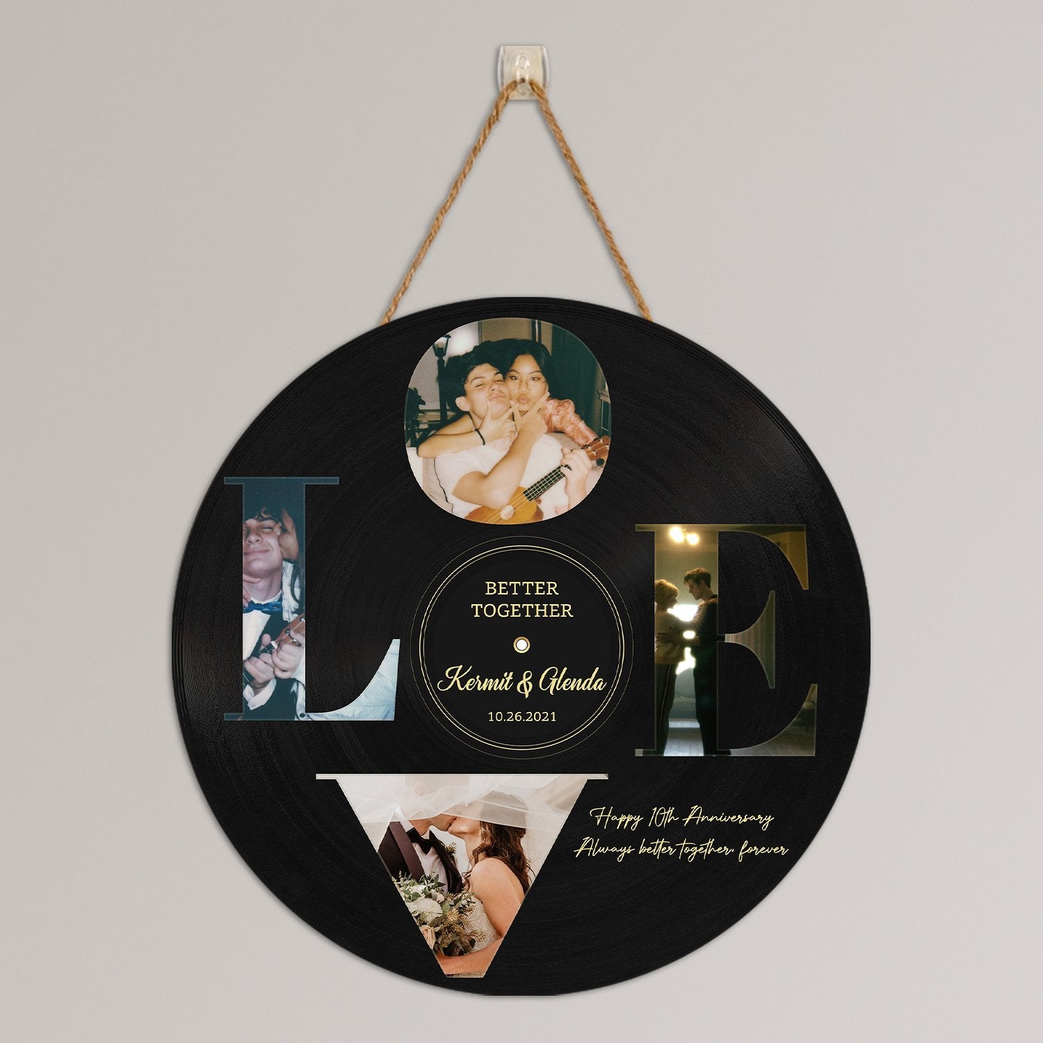 Custom Photo Vinyl Record, Personalized Name And Text, Love, Round Wood Sign