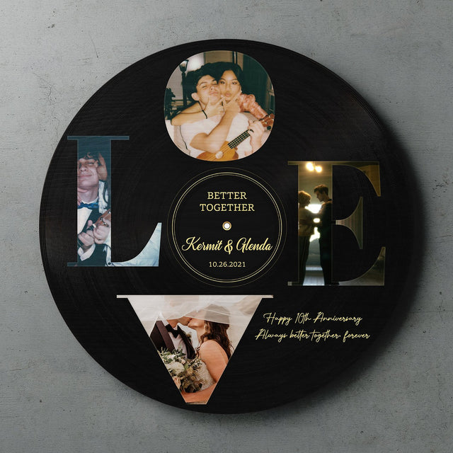 Custom Photo Vinyl Record, Personalized Name And Text, Love, Round Wood Sign