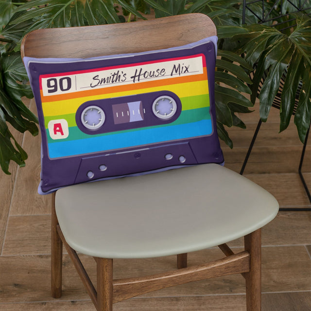 Custom Pillow, Personalized Name, Cassette, Rainbow Style