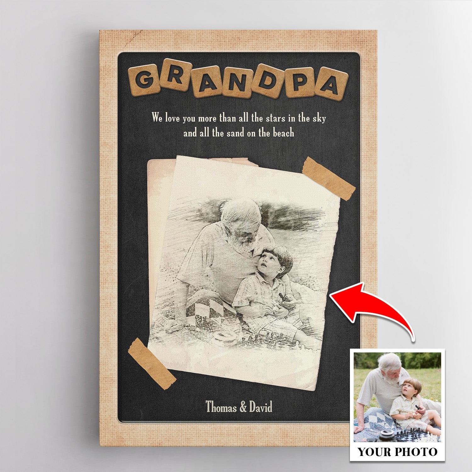 Custom Portrait From Photo Canvas Wall Art, Gift For Grandpa