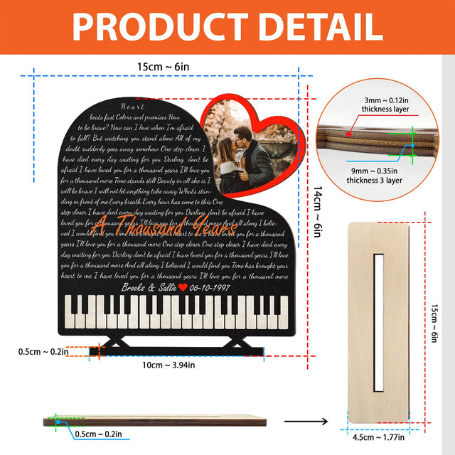 Custom Song Lyric, Personalized Photo, Piano Shape, Wooden Plaque 3 Layers