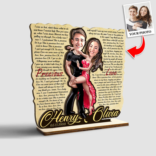 Custom Song Lyric, Personalized Portrait From Photo, Name And Date, Dancing Style, Wooden Plaque 3 Layers