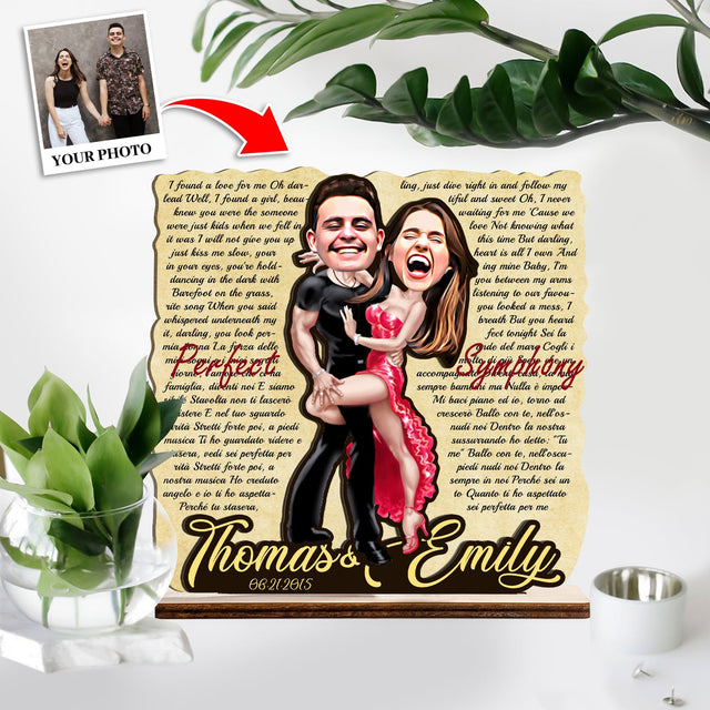 Custom Song Lyric, Personalized Portrait From Photo, Name And Date, Dancing Style, Wooden Plaque 3 Layers