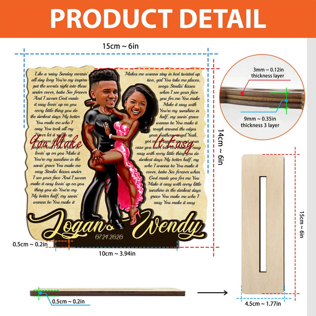 Custom Song Lyric, Personalized Portrait From Photo, Name And Date, Dancing Style, Wooden Plaque 3 Layers