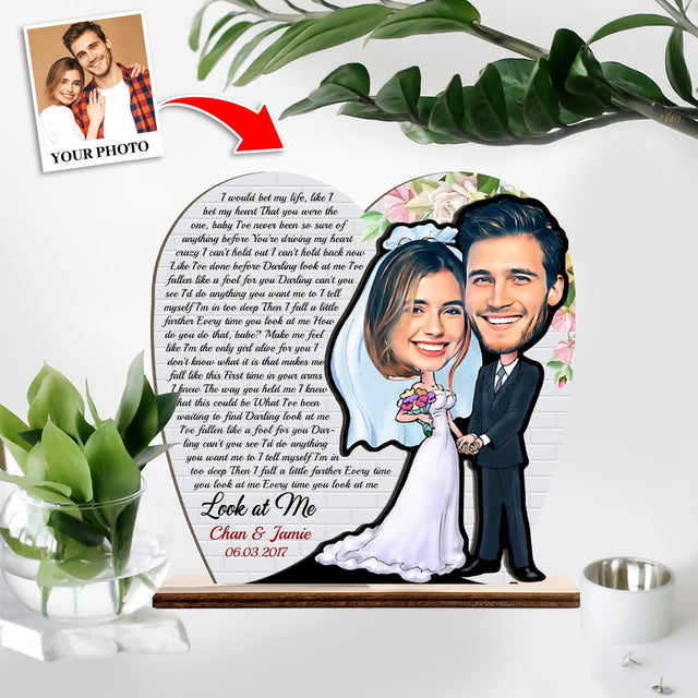 Custom Song Lyric, Personalized Portrait From Photo, Name And Date, Wedding Style, Wooden Plaque 3 Layers