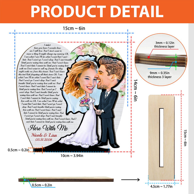 Custom Song Lyric, Personalized Portrait From Photo, Name And Date, Wedding Style, Wooden Plaque 3 Layers