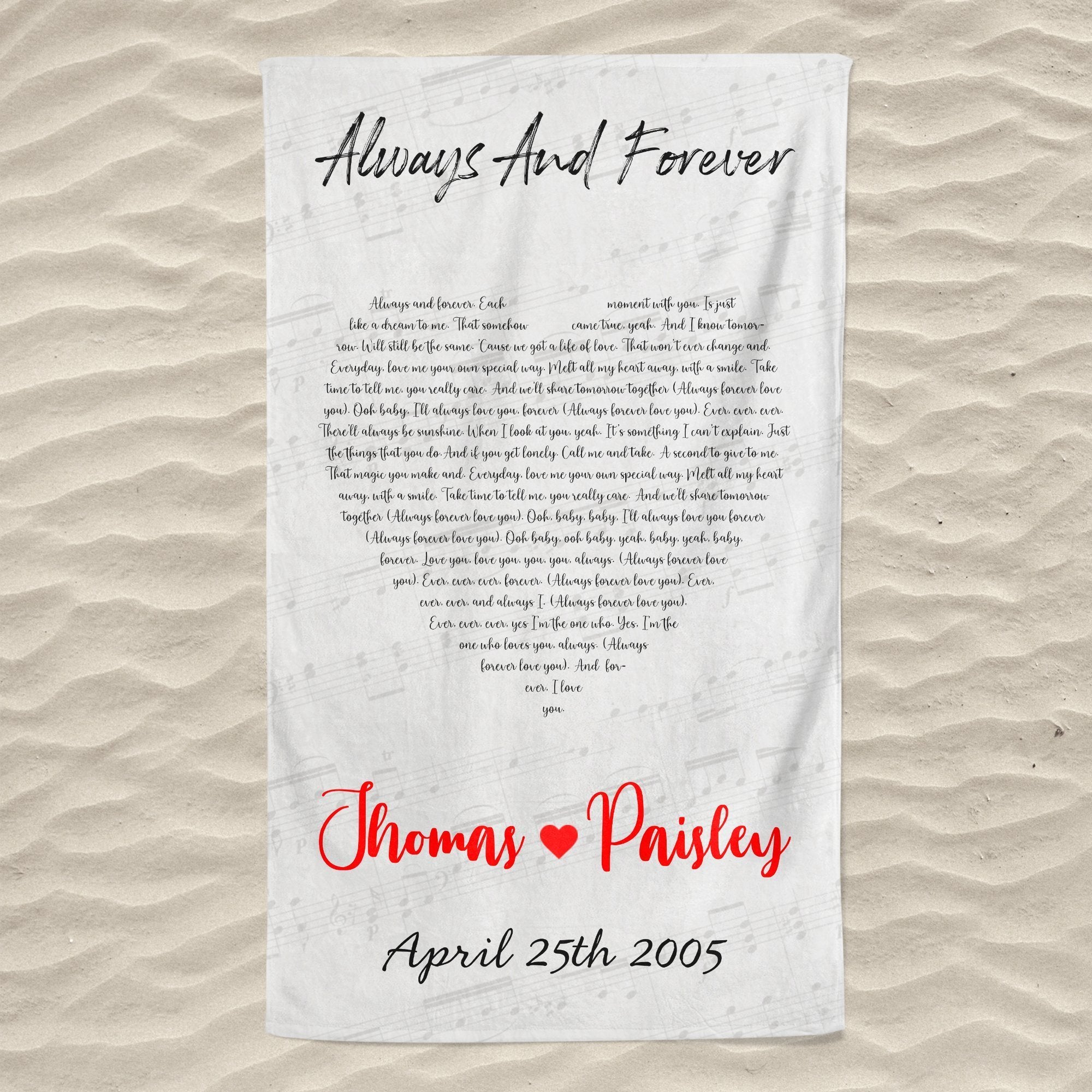 Custom Song Lyrics Heart Art, Personalized Text Towel