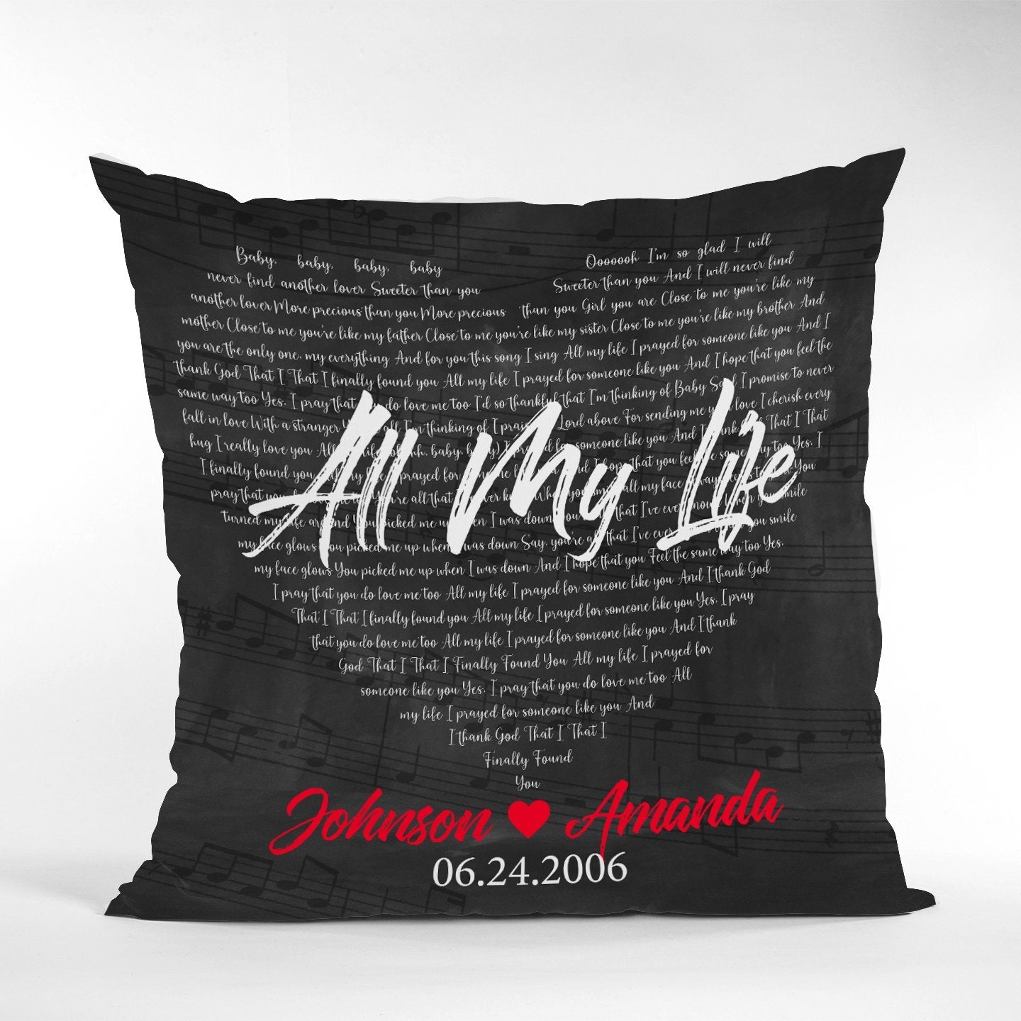 Custom Song Lyrics Heart Shape, Personalized Name, Date Black Pillow