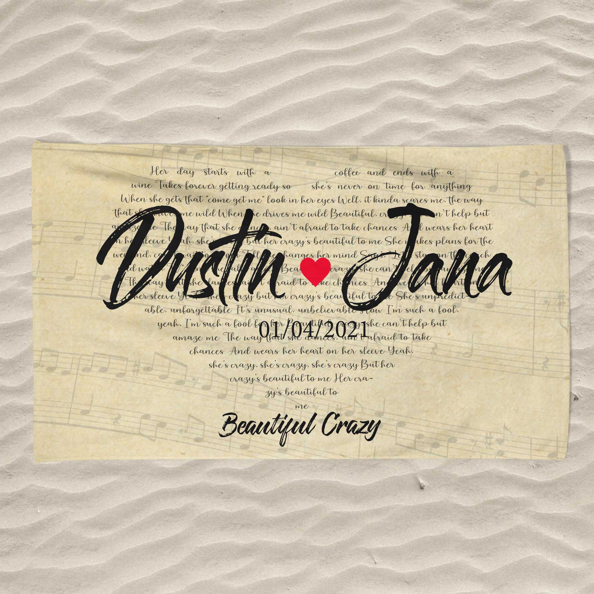 Custom Song Lyrics Heart Shape, Personalized Text Towel