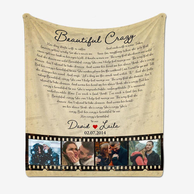 Custom Song Lyrics Heart Shape, Photo Collage On Roll Film, 4 Pictures Blanket