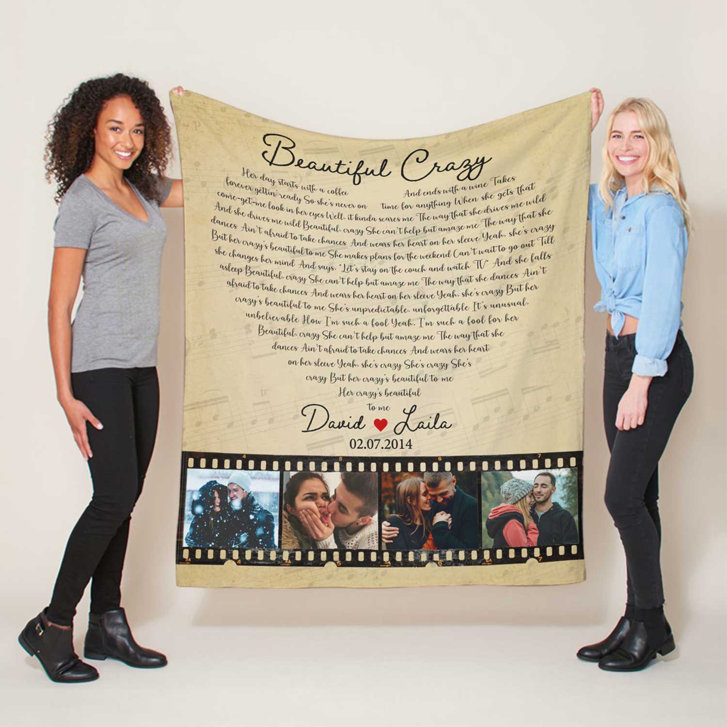 Custom Song Lyrics Heart Shape, Photo Collage On Roll Film, 4 Pictures Blanket