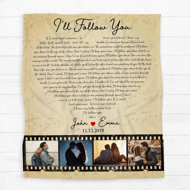 Custom Song Lyrics Heart Shape, Photo Collage On Roll Film, 4 Pictures Blanket