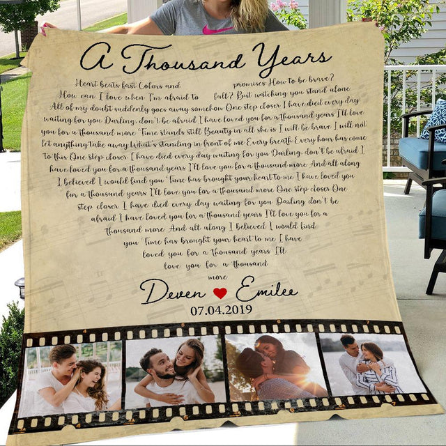 Custom Song Lyrics Heart Shape, Photo Collage On Roll Film, 4 Pictures Blanket
