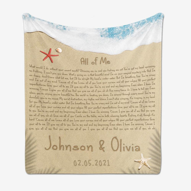 Custom Song Lyrics in The Sand Beach Blanket, Custom Name and Date