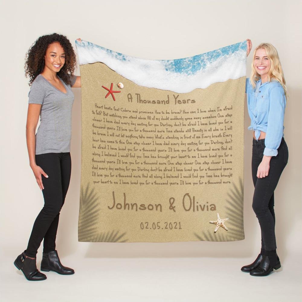 Custom Song Lyrics in The Sand Beach Blanket, Custom Name and Date