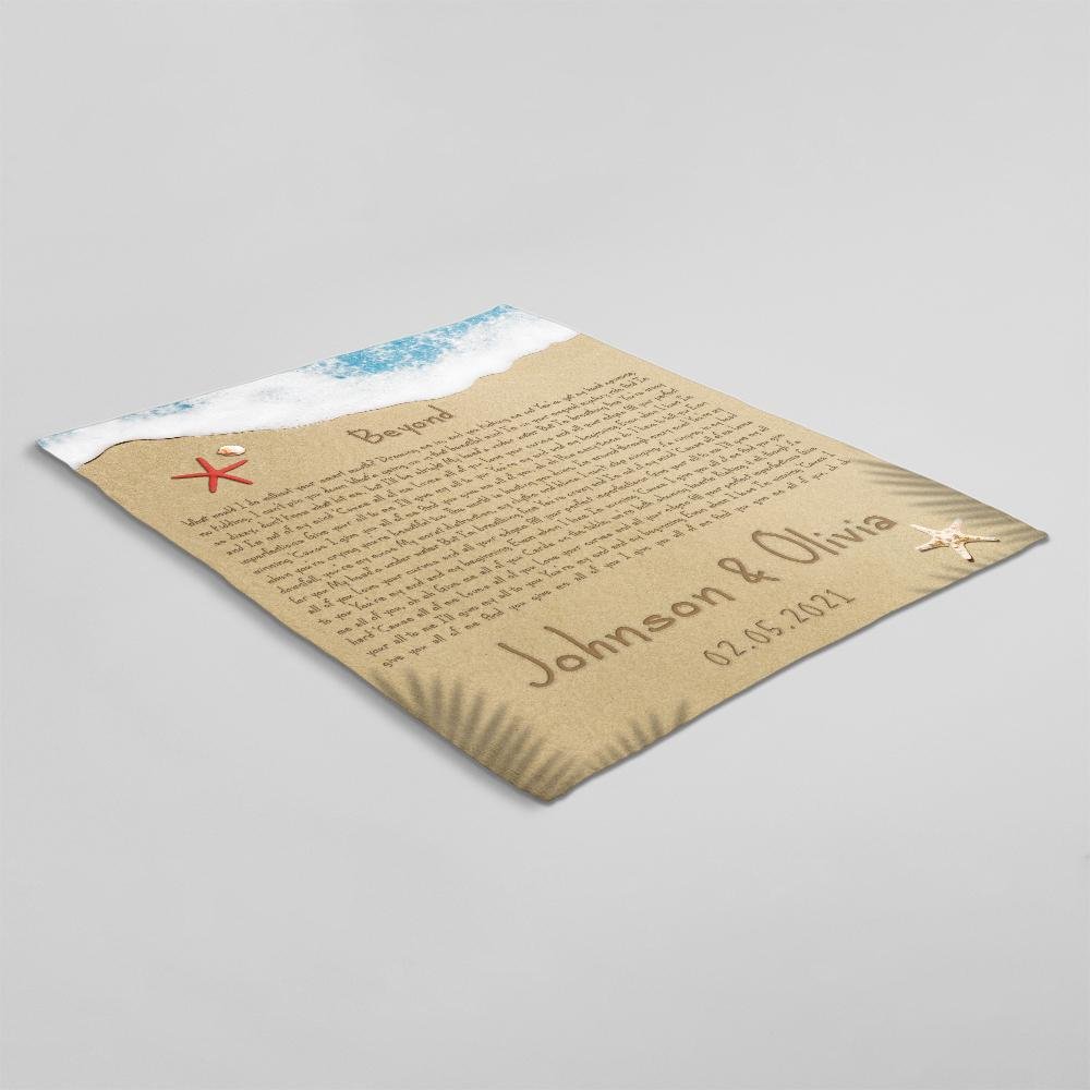 Custom Song Lyrics in The Sand Beach Blanket, Custom Name and Date