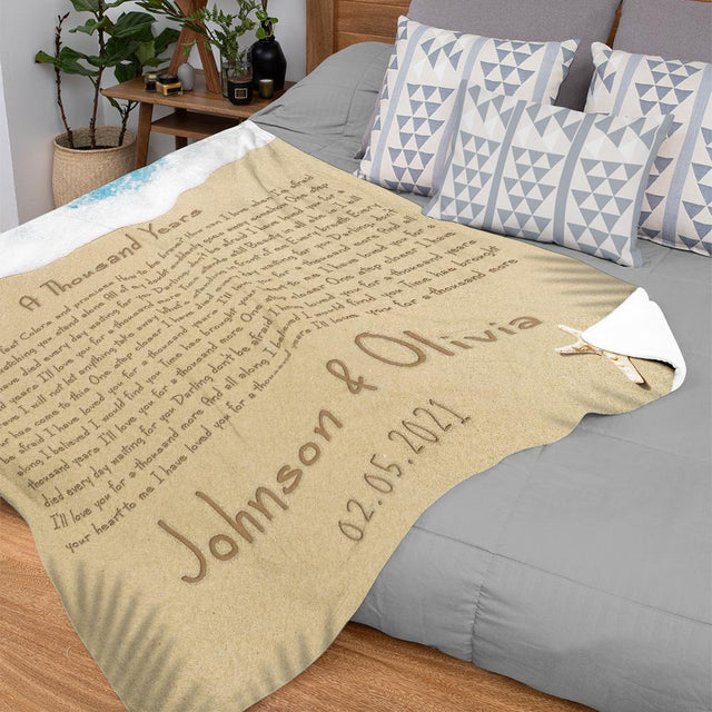 Custom Song Lyrics in The Sand Beach Blanket, Custom Name and Date