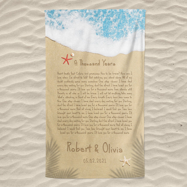 Custom Song Lyrics in The Sand Beach, Custom Name and Date Towel