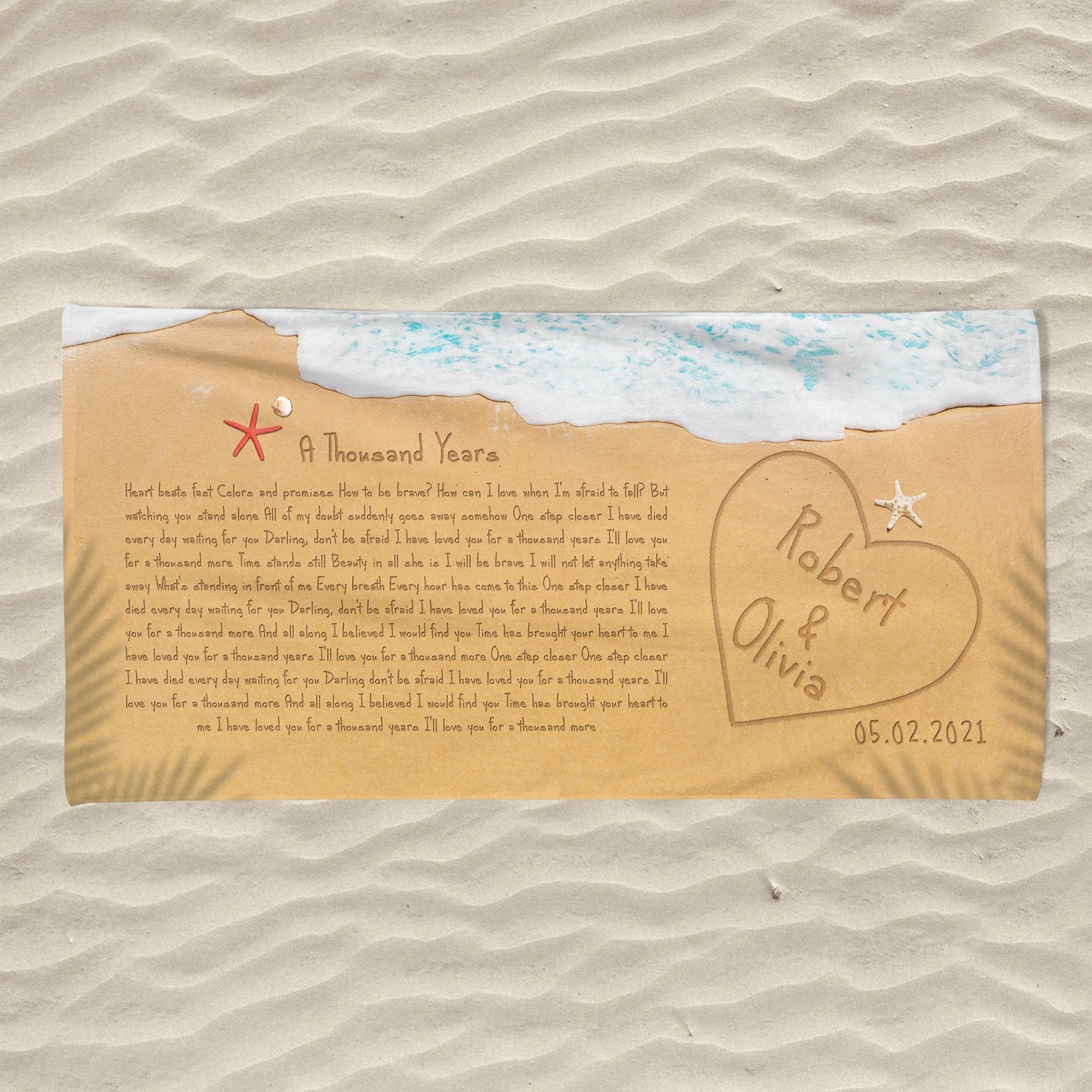 Custom Song Lyrics in The Sand Ocean, Custom Name and Date Towel