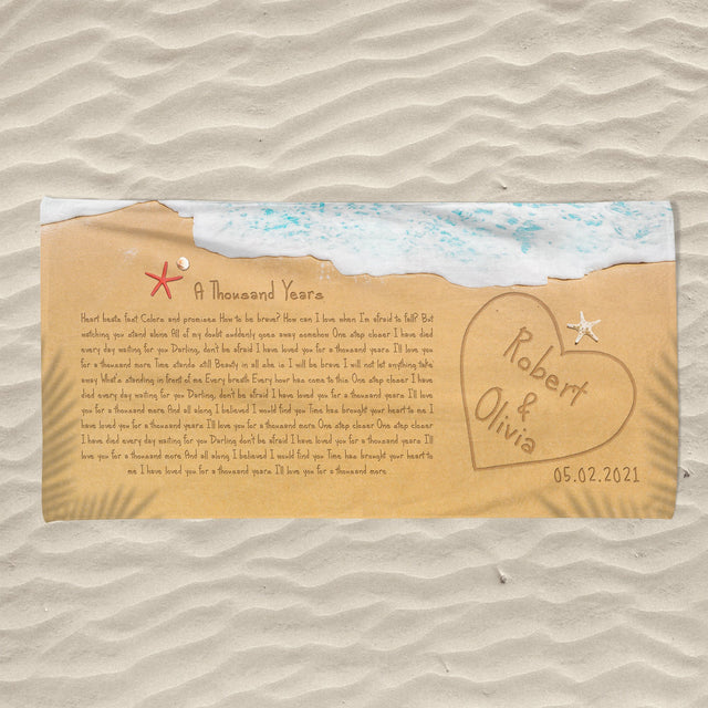 Custom Song Lyrics in The Sand Ocean, Custom Name and Date Towel