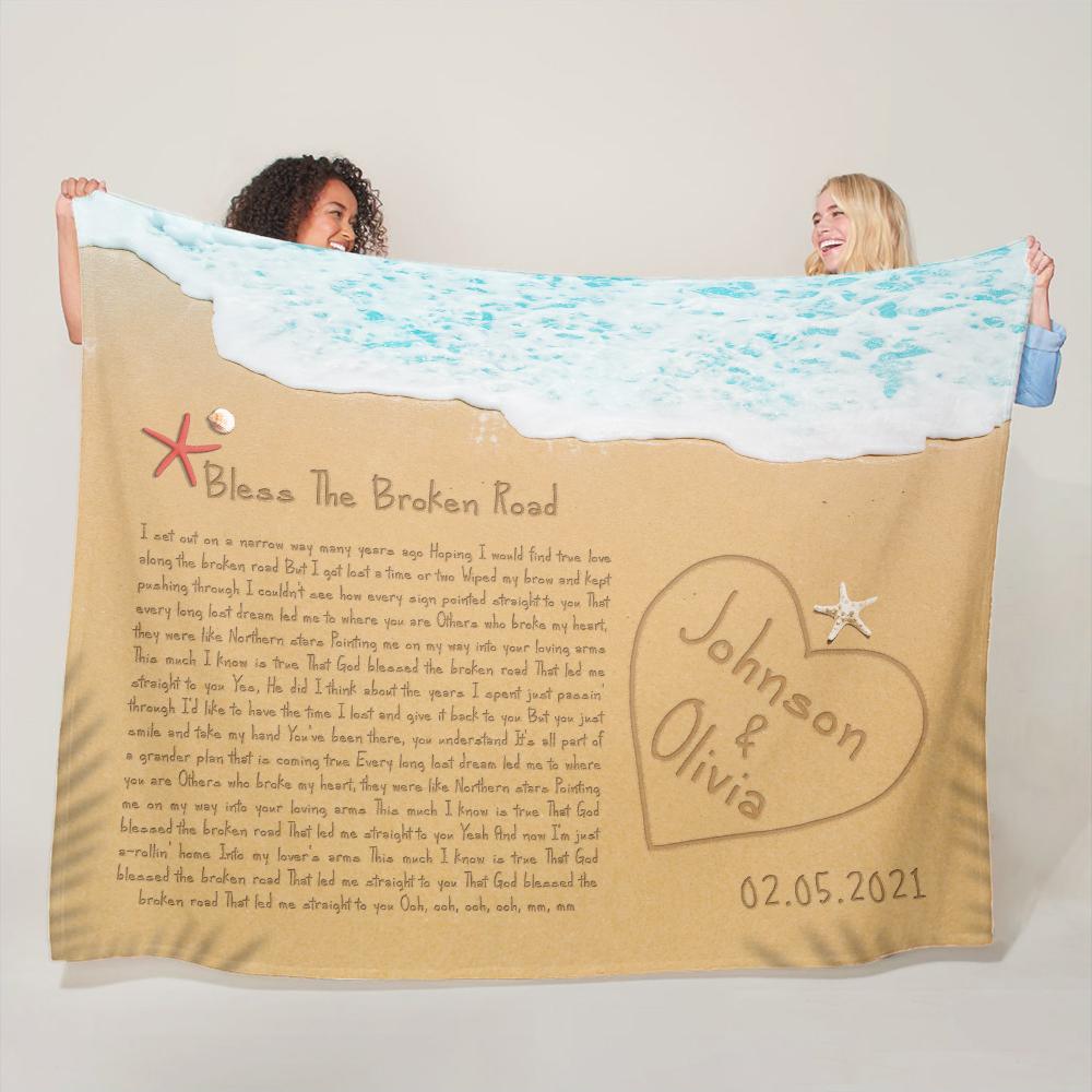 Custom Song Lyrics in The Sand Ocean, Personalized Name and Date Blanket