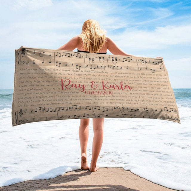 Custom Song Lyrics On Sheet Music, Personalized Text Light Wood Background Towel